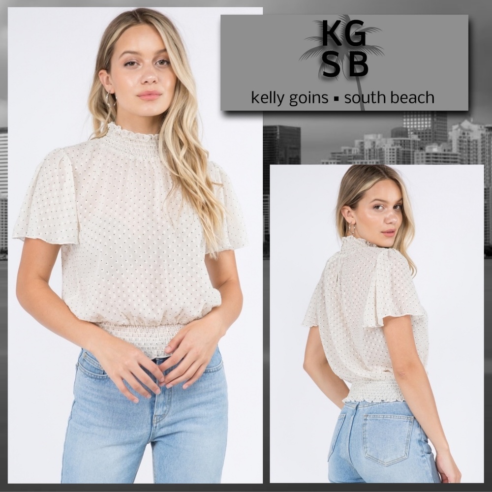 📌 Whiteroom+Cactus Raised Dot Sheer Chiffon Butterfly Sleeves Ruched Waist, Neck